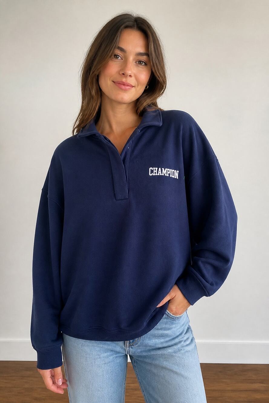 Champion Navy Blue Pullover Button Down Shirt L
